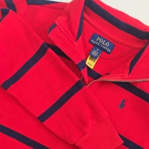 Polo Ralph Lauren Boys Quarter Zip Sweater Size 5 Red Navy Stripe Pony Logo Pull